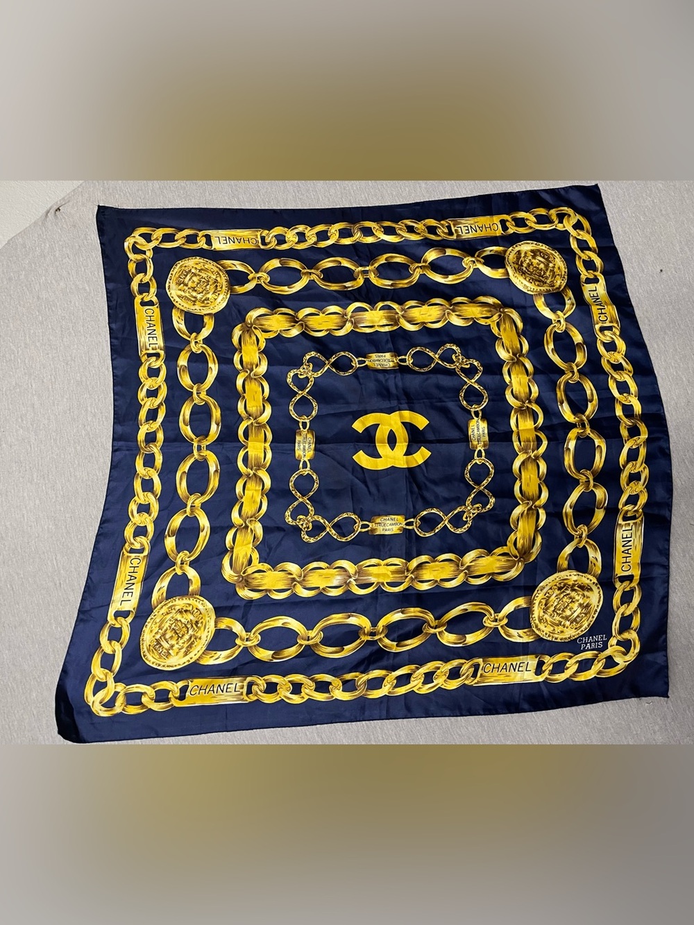 CHANEL Navy and Gold Chain Motif Silk Scarf